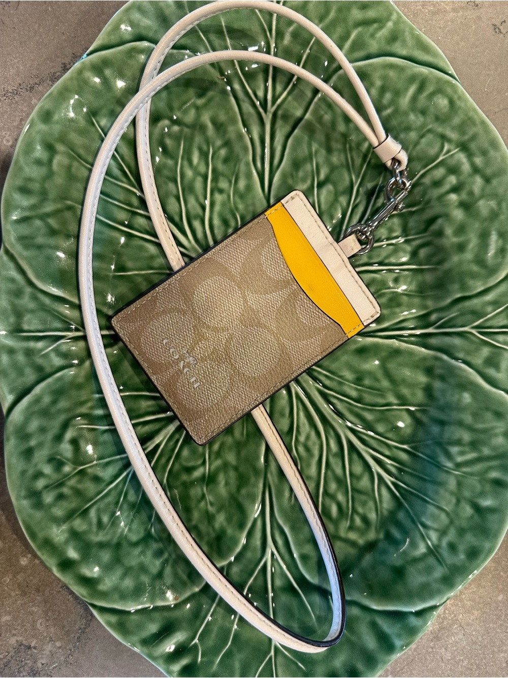 Coach Beige Card Holder with Yellow Accent Lanyard